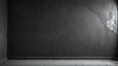 The primary subject of the image is a black wall with a crack in it. The setting is a room with a wooden floor. The visual style is a black and white photo. The dominant colors are black and white, creating a moody atmosphere.