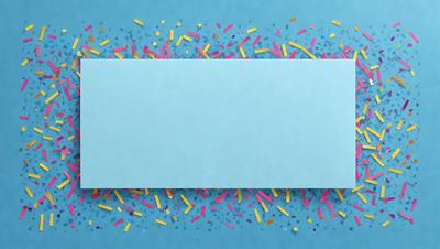 The primary subject of the image is a large blue sheet of paper with a pattern of rainbow colors. The setting is a blue background, and the visual style appears to be a combination of digital art and illustration. The colors and mood of the image are vibrant and cheerful, with the blue sheet and rainbow colors creating a lively and uplifting atmosphere.