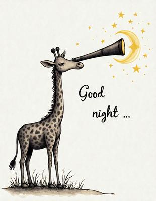 The primary subject of the image is a giraffe standing in a grassy field. The giraffe is looking up at the sky, possibly observing the moon. The setting is a natural environment with grass and a nighttime atmosphere. The visual style is a combination of a photo and a drawing, creating a unique and artistic representation of the giraffe. The colors and mood of the image are predominantly dark, with the giraffe being the main focus and the night sky providing a sense of tranquility.