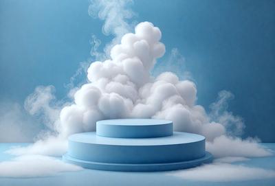 The primary subject of the image is a blue cake with white frosting, placed on a blue table. The setting is a cloudy environment, with the cake and table being the main focus of the image. The visual style is a photo, capturing the cake and table in a realistic manner. The colors and mood of the image are predominantly blue and white, creating a calm and serene atmosphere.