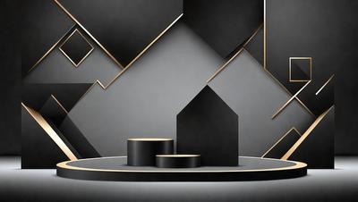 The primary subject of the image is a black and gold geometric pattern. The setting is a black and white room with a circular table in the center. The visual style is a combination of digital art and illustration, creating a unique and intricate design. The colors and mood of the image are predominantly black and gold, giving it a sophisticated and elegant appearance.
