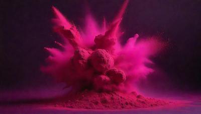 The primary subject of the image is a large pink explosion, which appears to be a painting or digital art. The setting is a dark background, which contrasts with the bright pink color of the explosion. The visual style is artistic, with the pink explosion being the main focus of the image. The colors and mood of the image are predominantly pink, creating a vibrant and energetic atmosphere.