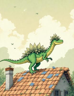 The primary subject of the image is a green dinosaur with a flower on its head, standing on top of a roof. The setting is an outdoor environment with a cloudy sky in the background. The visual style is a combination of digital art and illustration, creating a unique and eye-catching scene. The dominant colors are green and brown, giving the image a warm and natural atmosphere.