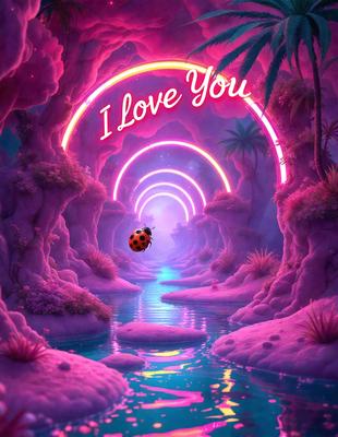 The primary subject of the image is a ladybug, which is the main object in the scene. The setting is a pink and purple landscape, with a river and a tunnel. The visual style is digital art, as the ladybug is depicted in a colorful and artistic manner. The colors and mood of the image are vibrant and cheerful, with the pink and purple hues creating a warm and inviting atmosphere.