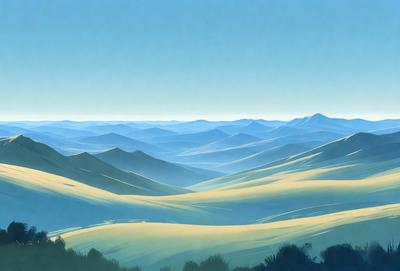 The primary subject of the image is a vast, open landscape featuring a mountain range with a blue sky in the background. The setting is a mountainous area with a clear sky, and the visual style is a combination of photo and digital art. The colors and mood of the image are predominantly blue and serene, creating a sense of tranquility and vastness.