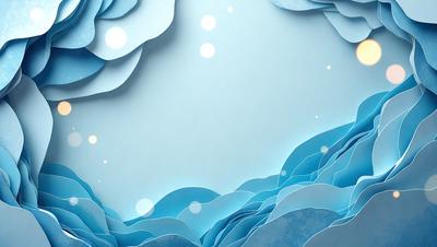 The primary subject of the image is a large, blue, flowery background with a white sky. The setting is a cloudy sky, and the visual style is a digital art or illustration. The dominant colors are blue and white, creating a calm and serene atmosphere.