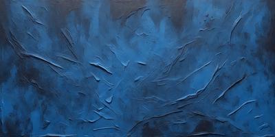 The primary subject of the image is a blue painting with a textured surface. The setting is a wall, and the visual style appears to be a painting or drawing. The dominant colors in the painting are blue and grey, creating a calm and serene atmosphere.