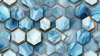 The primary subject of the image is a blue and gold marble pattern. The setting is a blue and gold marble wall, which serves as the background. The visual style is a combination of digital art and illustration, creating a unique and intricate design. The dominant colors are blue and gold, giving the image a luxurious and elegant appearance.