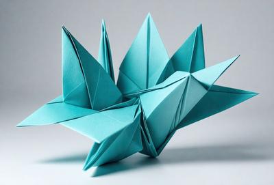 The primary subject of the image is a blue paper crane, which is a decorative and artistic piece. The setting is a white background, which provides a clean and uncluttered environment for the crane to stand out. The visual style is a combination of digital art and illustration, as the crane is created using paper and digital tools. The colors and mood of the image are predominantly blue, which gives the crane a calm and serene appearance.