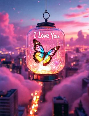 The primary subject of the image is a butterfly, which is the main object, scene, or focus of the image. The setting is a cityscape, with buildings and a sky background visible. The visual style is a digital art, illustration, or drawing, as the butterfly is depicted in a stylized manner. The colors and mood of the image are predominantly pink, which gives it a warm and romantic atmosphere.