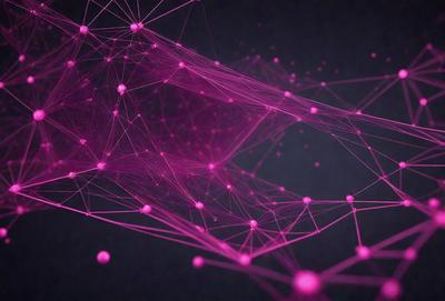 The primary subject of the image is a pink, purple, and white network of interconnected lines, which resembles a web or a mesh. The setting is a dark background, which contrasts with the bright colors of the web. The visual style is a combination of digital art and illustration, creating a unique and intricate pattern. The colors and mood of the image are predominantly pink and purple, giving it a warm and inviting atmosphere.