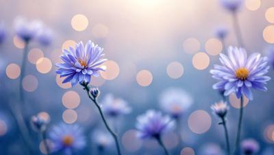 The primary subject of the image is a beautiful white flower with a yellow center, which is the main focus of the scene. The flower is situated in a field of other white flowers, creating a serene and peaceful atmosphere. The setting is a field with a blue sky in the background, which adds to the overall visual style of the image. The colors and mood of the image are predominantly white and blue, giving it a calm and soothing appearance.