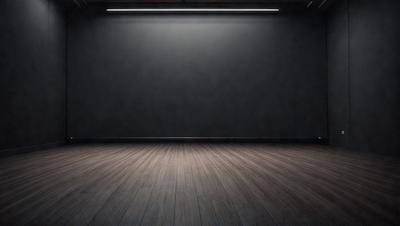 The primary subject of the image is a large, empty room with a black wall. The setting is a dark room with a black background, creating a moody atmosphere. The visual style is a black and white photo, which adds a sense of drama and contrast to the scene. The colors and mood of the image are predominantly dark, with the black wall and floor creating a sense of emptiness and solitude.
