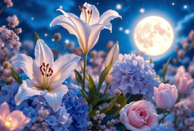 The primary subject of the image is a bouquet of flowers, predominantly white and purple, with some blue flowers. The flowers are arranged in a vase, and they are placed against a backdrop of a moonlit night. The visual style of the image is a photo, capturing the beauty of the flowers and the serene atmosphere of the night. The colors and mood of the image are predominantly calm and serene, with the white and purple flowers adding a touch of elegance and grace to the scene