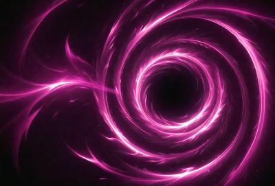 The primary subject of the image is a large, pink, swirling vortex. The setting is a dark background, which contrasts with the bright pink color of the vortex. The visual style appears to be a digital art or illustration, as the swirling pattern is intricate and detailed. The colors and mood of the image are predominantly pink, creating a sense of energy and movement.