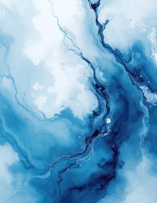 The primary subject of the image is a blue and white ocean scene. The setting is the ocean, with a blue background and a white cloud in the sky. The visual style is a painting, which gives the image a unique and artistic appearance. The dominant colors are blue and white, creating a serene and calming atmosphere.