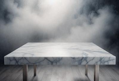 The primary subject of the image is a large, white marble table. The table is placed in a room with a cloudy sky visible in the background. The visual style of the image is a photo, and the dominant colors are white and gray, creating a clean and minimalist atmosphere.