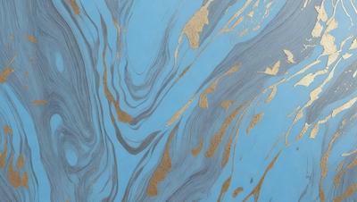 The primary subject of the image is a blue and gold patterned wallpaper. The setting is a room with a blue wall, and the visual style is a combination of digital art and illustration. The dominant colors are blue and gold, creating a rich and luxurious atmosphere.