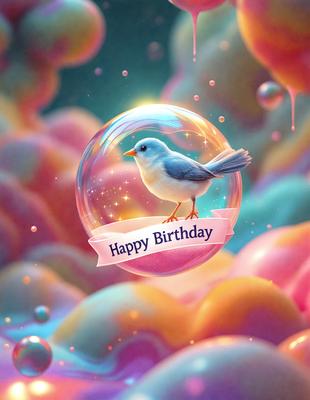 The primary subject of the image is a small bird perched on a pink and blue ball. The bird is sitting on top of the ball, which is placed in a colorful and vibrant background. The visual style of the image is a combination of photo and digital art, creating a unique and eye-catching scene. The colors and mood of the image are bright, cheerful, and lively, with the bird and the ball being the main focus of the composition.