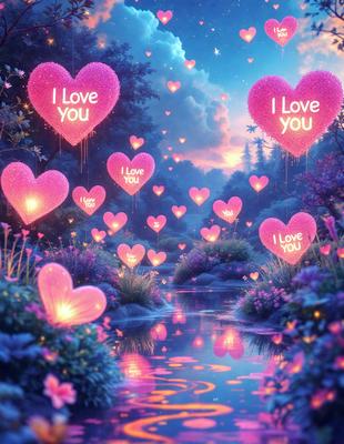 The primary subject of the image is a heart-shaped balloon with the words "I love you" written on it. The setting is a beautiful, colorful, and lush forest with a river flowing through it. The visual style is a digital art or illustration, creating a whimsical and romantic atmosphere. The colors are predominantly pink, which adds to the overall mood of the scene.