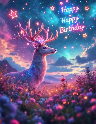 Primary subject: A deer with antlers, standing in a field of flowers.

Setting/background: The deer is standing in a field of purple flowers, with a sky background.

Visual style: The image is a digital art or illustration.

Colors and mood: The dominant colors are purple and pink, creating a serene and peaceful atmosphere.