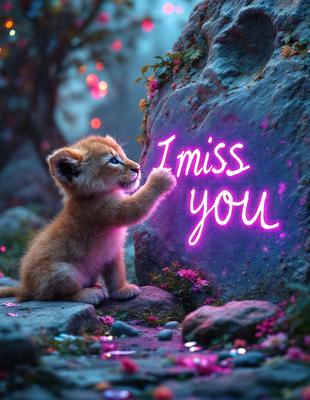 The primary subject of the image is a small lion cub, which is sitting on a rock. The setting is a forest, with a pink background. The visual style is a digital art, and the colors and mood are predominantly pink, creating a warm and inviting atmosphere.