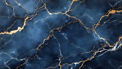 The primary subject of the image is a blue and gold marbled surface, which appears to be a wall or a piece of art. The setting is a dark room, and the visual style is a combination of photo and digital art. The dominant colors are blue and gold, creating a rich and luxurious atmosphere.