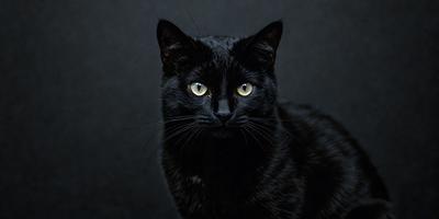 The primary subject of the image is a black cat with yellow eyes. The cat is sitting on a dark background, which contrasts with its fur. The visual style of the image is a close-up of the cat, emphasizing its features and expression. The colors and mood of the image are dark and moody, with the black cat being the focal point.
