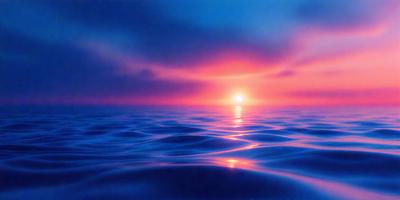 The primary subject of the image is a beautiful sunset over the ocean. The setting is a vast body of water with a pink and blue sky in the background. The visual style of the image is a digital art or illustration, creating a serene and captivating atmosphere. The dominant colors of the scene are pink, blue, and orange, which contribute to the overall mood of the image.
