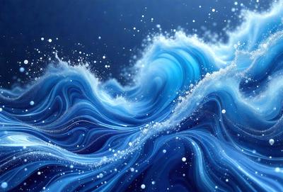 The primary subject of the image is a large body of blue ocean water with white foam. The setting is the ocean, and the visual style is digital art. The dominant colors are blue and white, creating a serene and calming atmosphere.