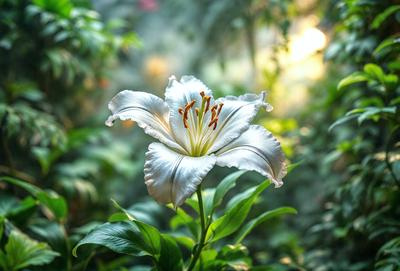 The primary subject of the image is a white flower with a yellow center, which is the main focus of the scene. The flower is located in a lush green forest, surrounded by a variety of plants and foliage. The visual style of the image is a close-up of the flower, showcasing its details and beauty. The colors in the image are predominantly green and white, creating a serene and natural atmosphere.