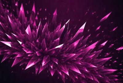 The primary subject of the image is a large, pink, three-dimensional crystal structure. The setting is a dark background, which contrasts with the vibrant pink color of the crystal. The visual style is a combination of digital art and illustration, creating a unique and eye-catching design. The colors and mood of the image are predominantly pink, giving it a warm and inviting atmosphere.