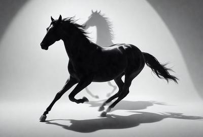 The primary subject of the image is a horse, which is captured in a black and white photo. The horse is running, with its shadow visible on the ground. The setting is a white background, which provides a clean and minimalist appearance to the image. The visual style is a black and white photo, giving the image a classic and timeless feel. The colors and mood of the image are predominantly black and white, creating a sense of drama and intensity.