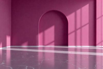 The primary subject of the image is a pink wall with a white archway. The setting is a room with a white floor, and the visual style is a photo. The dominant colors are pink and white, creating a warm and inviting atmosphere.