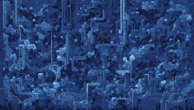 The primary subject of the image is a blue and white patterned background featuring a series of pipes and tubes. The setting appears to be a futuristic or industrial environment. The visual style is a combination of digital art and illustration, creating a unique and intricate design. The dominant colors in the image are blue and white, giving it a clean and modern appearance.