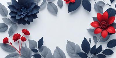 The primary subject of the image is a close-up of a flower, which is red and surrounded by green leaves. The setting is a white background, which provides a clean and minimalist look. The visual style is a combination of photo and digital art, creating a realistic yet artistic representation of the flower and leaves. The dominant colors are red and green, giving the image a vibrant and lively atmosphere.