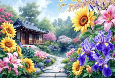 The primary subject of the image is a beautiful garden with a variety of flowers, including sunflowers, pink flowers, and purple flowers. The garden is situated in front of a house, which serves as the setting for the scene. The visual style of the image is a digital art or illustration, creating a vibrant and colorful atmosphere. The dominant colors in the image are pink, purple, and yellow, which contribute to the overall mood of the scene.