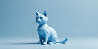 The primary subject of the image is a blue cat figurine. The setting is a blue background, which creates a striking contrast with the cat's color. The visual style is a digital art or illustration, as the cat is depicted in a detailed and realistic manner. The colors and mood of the image are predominantly blue, giving it a calm and serene atmosphere.