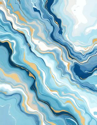 The primary subject of the image is a blue and gold painting of a waterfall. The setting is a blue and white background, which adds to the overall visual style. The painting is a digital art piece, showcasing the artist's skill in creating a realistic and captivating scene. The colors and mood of the painting are vibrant and serene, with the blue and gold tones evoking a sense of tranquility and beauty.