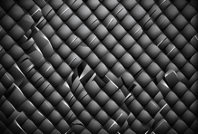 The primary subject of the image is a close-up of a black and white pattern, which appears to be a woven or textured surface. The setting is a black background, which contrasts with the pattern. The visual style is a combination of a photo and a digital art or illustration, as the pattern is intricate and detailed. The colors and mood of the image are predominantly black and white, giving it a modern and minimalist appearance.