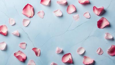 The primary subject of the image is a close-up of a pink rose petal. The setting is a blue marble surface, which serves as the backdrop for the rose petal. The visual style is a close-up, which emphasizes the details of the rose petal. The colors in the image are predominantly pink, which creates a warm and romantic atmosphere.