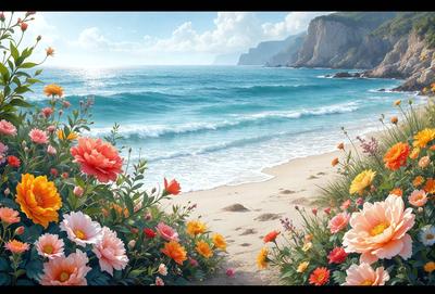The primary subject of the image is a beautiful beach scene with a sandy shore and a body of water. The setting includes a mountain in the background, adding to the picturesque view. The visual style of the image is a digital art or illustration, creating a vibrant and lively atmosphere. The colors and mood of the scene are predominantly warm and inviting, with the presence of flowers and the ocean contributing to a sense of tranquility and relaxation.