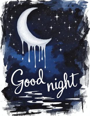 The primary subject of the image is a moon, which is depicted in a blue sky with stars. The setting is a nighttime scene, and the visual style is a combination of digital art and illustration. The dominant colors are blue and white, creating a serene and peaceful atmosphere.