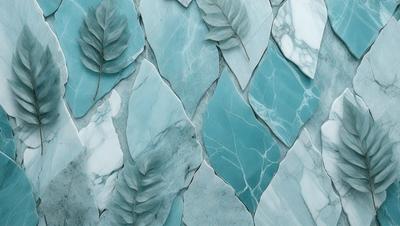 The primary subject of the image is a pattern of leaves, which are arranged in a visually appealing manner. The leaves are displayed on a marble surface, giving the scene a sophisticated and elegant appearance. The visual style of the image is a combination of photo and digital art, creating a unique and artistic representation of the leaves. The colors and mood of the image are predominantly blue, which adds a sense of calmness and tranquility to the scene.