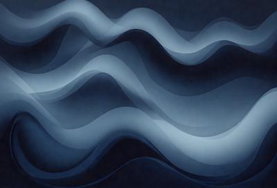 The primary subject of the image is a blue ocean with waves. The setting is a dark blue background, which creates a moody atmosphere. The visual style is a digital art or illustration, as the waves are depicted in a detailed and artistic manner. The dominant colors are blue and black, with the blue ocean and dark blue background creating a sense of depth and tranquility.