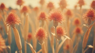 The primary subject of the image is a field of flowers, with a focus on a single flower. The setting is a field of flowers, and the visual style is a photo. The dominant colors in the image are orange and yellow, creating a warm and vibrant atmosphere.