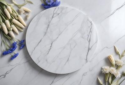 The primary subject of the image is a white marble plate. The plate is placed on a white marble countertop, which serves as the setting. The visual style of the image is a photo, capturing the marble plate and its surroundings. The colors and mood of the image are predominantly white, giving it a clean and elegant appearance.