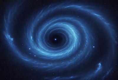 The primary subject of the image is a large, swirling blue spiral, which appears to be a part of a galaxy. The spiral is the central focus of the image, and it is set against a dark, starry background. The visual style of the image is a combination of photo and digital art, creating a unique and captivating representation of the galaxy. The dominant colors in the image are blue and black, giving the spiral a striking and dramatic appearance.