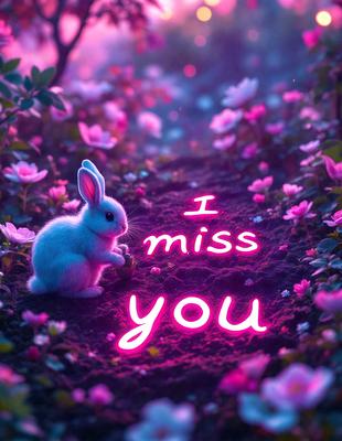 The primary subject of the image is a cute bunny rabbit sitting on a pink surface. The setting is a garden with pink flowers surrounding the rabbit. The visual style is a digital art illustration, creating a whimsical and playful atmosphere. The dominant colors are pink and purple, which contribute to the overall mood of the image.