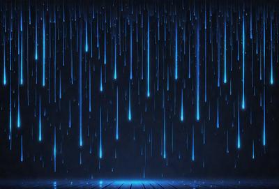 The primary subject of the image is a rainy night with a blue sky. The setting is a dark, rainy environment, and the visual style is a digital art or illustration. The dominant colors are blue and black, creating a moody atmosphere.